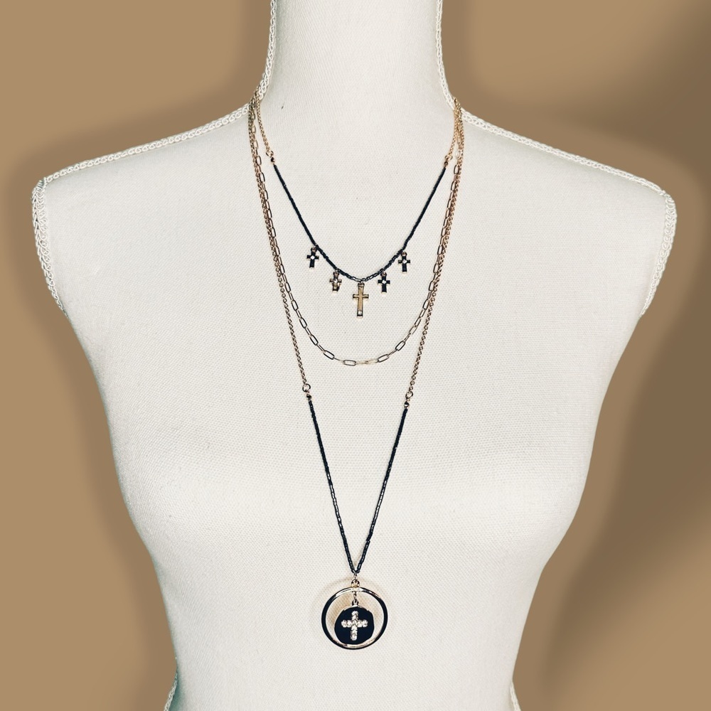 NEW Goldtone Layered Cross Charm Necklace